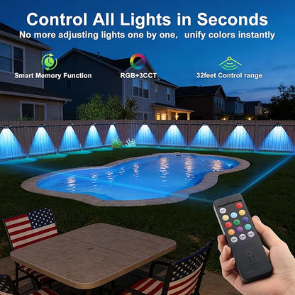 Solar Fence Lights with Remote 12 Pack, Color Changing RGB & Warm White, 12 Dynamic Modes, IP65 Waterproof, Solar Lights for Fence, Deck, Backyard, Patio Holiday & Party Decoration