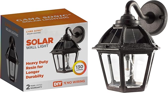 Gama Sonic Polaris Solar Wall Sconce Light, Outdoor Warm White LED Exterior Lamp, Black UV Protected Resin for Coastal Areas, for Walkways, Pathway, Columns, Sheds, Piers (177010)