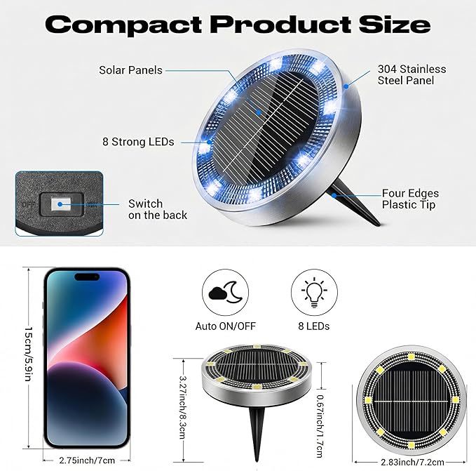 Peasur Solar Ground Lights Outdoor, 12 Pack Flat Solar Powered Disc Lights, IP68 Waterproof, Anti-Rust, Landscape | Lumora