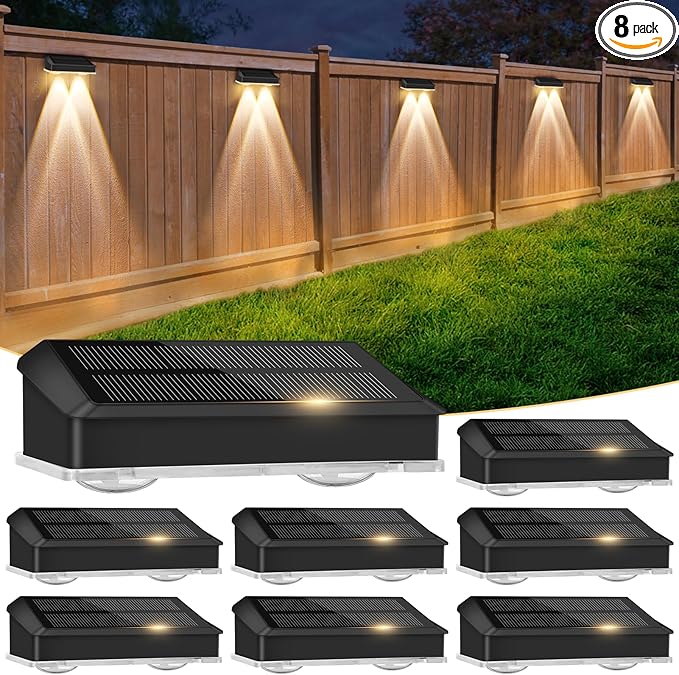 echosari Solar Fence Lights 8 Pack, 100 Lumen Ultra Bright Solar Wall Lights Outdoor Waterproof Lighting Auto ON/Off for Backyard Patio Railing Porch Step (2700K Warm White)