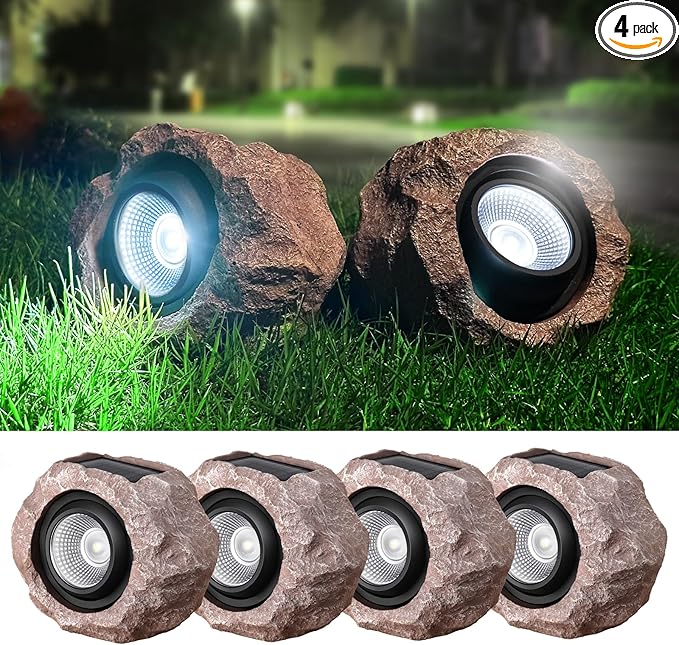 Timeflies Solar Rock Lights Outdoor, 4 Pack Super Bright Solar Spot Lights Outdoor IP65 Waterproof Yard Lights, Auto On/Off Garden Lights for Paths, Sidewalks, Yards, Landscapes, Patios