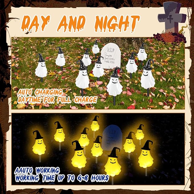 Threan 10 Pcs Halloween Pathway Light Decorations Solar Stake Lights LED White Light Decorative Solar Operated | Lumora