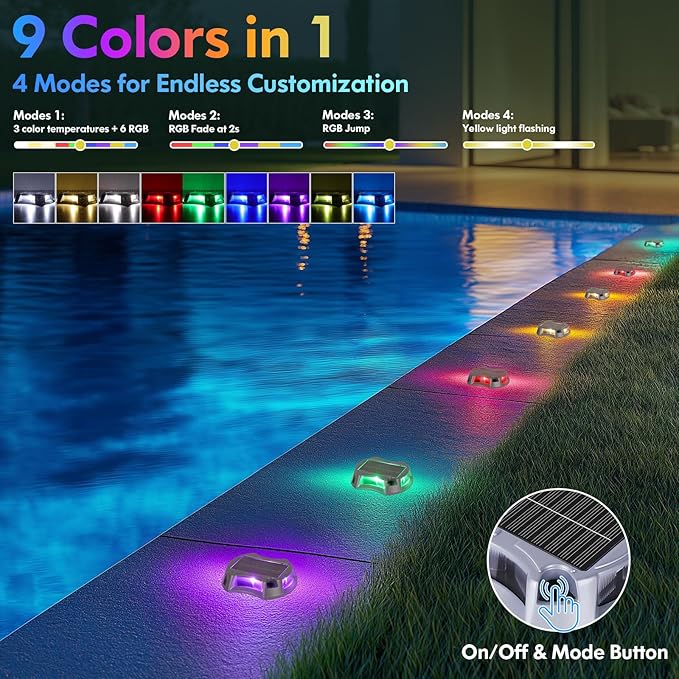 Bosceos Solar Driveway Lights Outdoor 16-Pack, Solar Deck Lights RGB Color Modes Dock Light Waterproof Driveway | Lumora