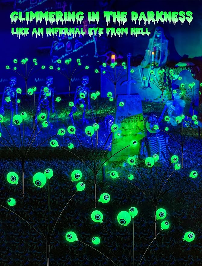 KerKoor Solar Halloween Lights Outdoor Decorations - 4 Pack 32 LED Solar Eyeball Lights LED Scary Eyeballs Halloween Light for Yard, Outside, Pathway, Walkway, Landscape, Garden, Party Decor (Green)
