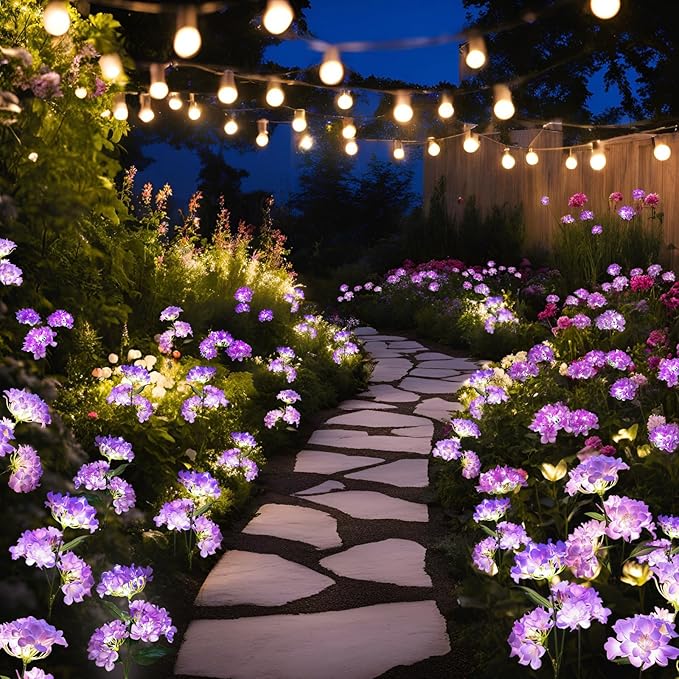 Garden Lights Solar Flower Light, LED Solar Powered Outdoor Light Decor for Path Yard Walkway Patio Balcony Lawn, Hydrangea Artificial Flower (Purple, 2)