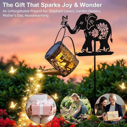 Solar Watering Can Lights Outdoor Decor with Elephant Stake & Fairy Silhouettes, Cascading String Lights for Garden, Patio, Yard - Waterproof Solar Powered Gift for Mom, Housewarming, Birthday