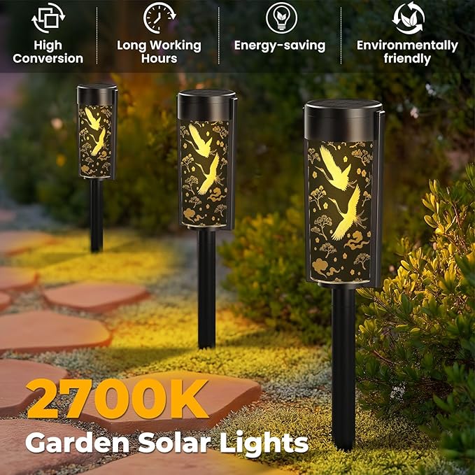 4 Pack Solar Pathway Lights Outdoor Waterproof Japanese seamless crane birds elements Asian oriental decoration such Solar Garden Lights LED Landscape Lighting for Yard Walkway Lawn Garden Decor