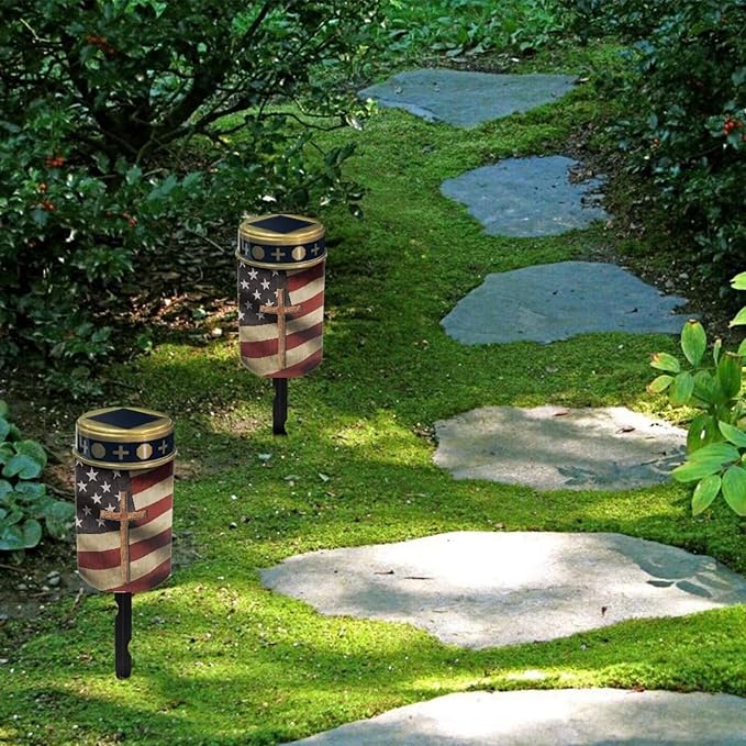 American Flag Cross Solar Stake Lights Waterproof Guardian Solar Lights Driveway Markers Solar Walkway Lights Sympathy Remembrance Memorial Gift for Grave Ornaments Garden Decor