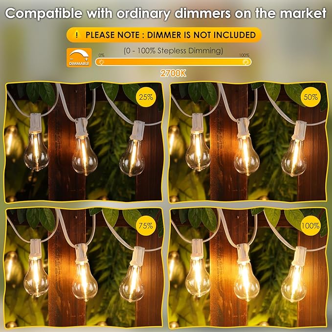 200FT(2x100FT) Outdoor String Lights, LED Patio Lights with 63 Waterproof Shatterproof A39 Dimmable Bulbs(3 Spare) | Lumora