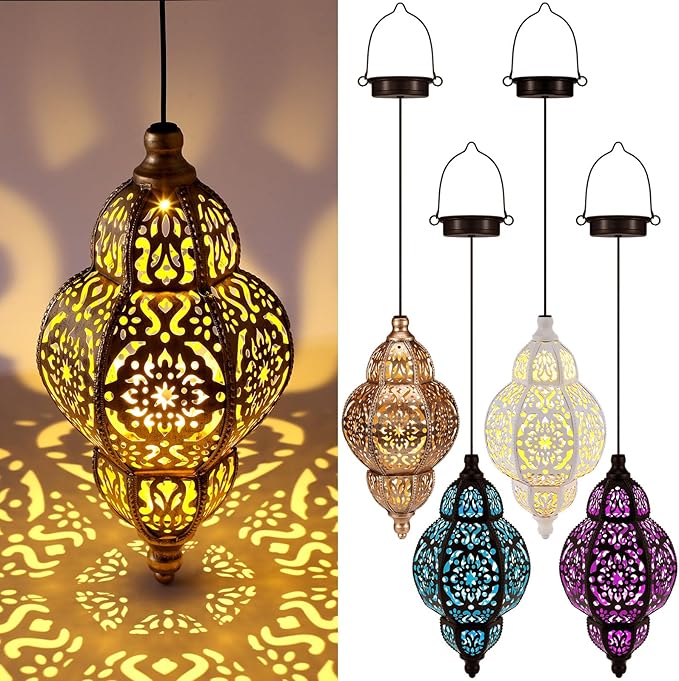 4 Pcs Hanging Solar Lights Moroccan Outdoor Decor Solar Lantern Waterproof Metal Moroccan Decorations for New Year Thanksgiving Patio Pathway Yard Porch Backyard Garden