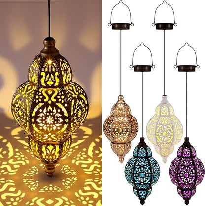 4 Pcs Hanging Solar Lights Moroccan Outdoor Decor Solar Lantern Waterproof Metal Moroccan Decorations for New Year Thanksgiving Patio Pathway Yard Porch Backyard Garden