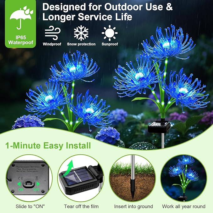 Solar Garden Flower Lights Outdoor, 4 Pack Blue Spider Lily Solar Lights with Glowing Stems, IP65 Waterproof LED Yard Decor for Patio Lawn Pathway, Mother's Day Valentine Gifts for Women Mom Grandma