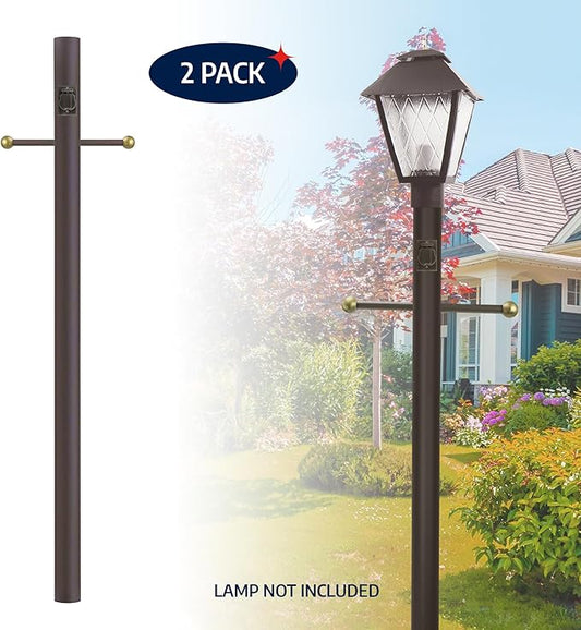 Solus 7-Foot Direct Burial Lamp Post – Outdoor Aluminum Light Pole with Decorative Cross Arm & 120V Outlet – Fits 3" Post Top Fixtures, Made in USA, Black, Bronze, or White, (Bronze, Set of 2)