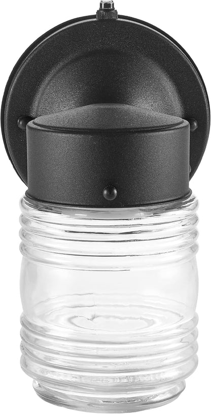 Maxxima Outdoor Wall Lantern Light Fixture, Enclosed Clear Ribbed Glass Jelly Jar Exterior Light, Black Finish, Dusk to Dawn Sensor, 800 Lumens, Photocell Sensor, 3000K Warm White