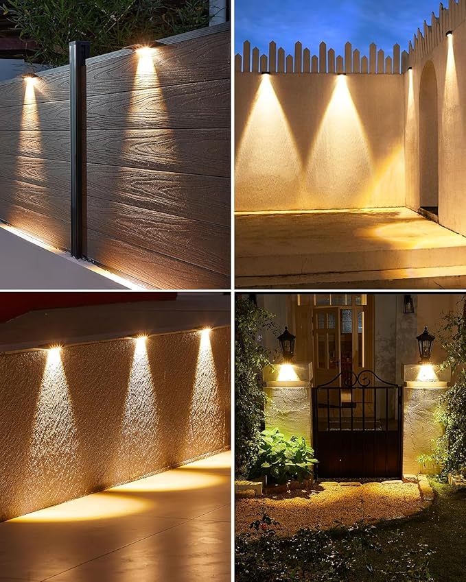 Solar Fence Lights Outdoor Waterproof LED,4LEDs Focus Lens Solar Wall Lights,Auto ON Off Warm White Outdoor Lights for Patio,Deck,Fence, Step,and Railing,Backyard Decor(12 Pack)
