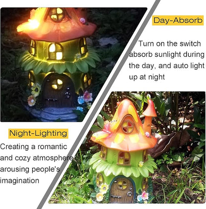 Solar Garden Figurine Lights, Large Resin Mushroom House Decorative Statue Waterproof Outside Ornament for Patio Yard Lawn Balcony (Orange)