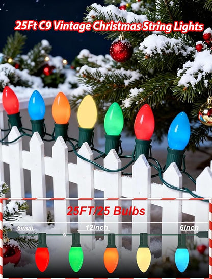 25FT C9 Christmas Lights Multi-Color String Lights with 26 Incandescent Lights, Outdoor String Light for Patio Christmas Tree Decor, 7 Watt Ceramic C9 Light C9/E17 Base