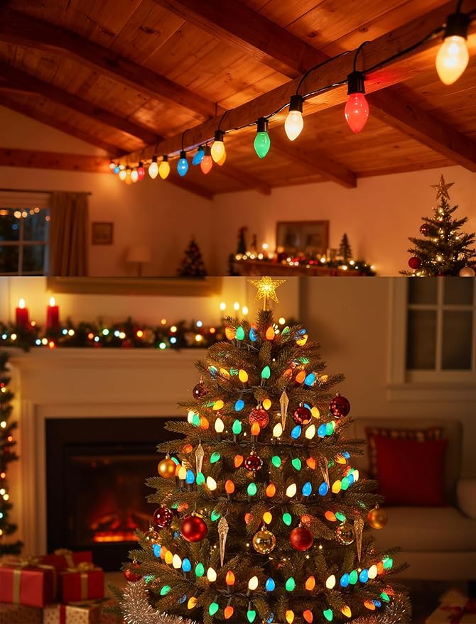 C7 Vintage Christmas Lights, 25Ft Ceramic Multicolor Christmas String Lights with 27 5W Glass Bulbs, Waterproof Connectable Christmas Decorations for House Roofline Backyard Wedding Holiday Party