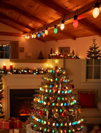 C7 Vintage Christmas Lights, 25Ft Ceramic Multicolor Christmas String Lights with 27 5W Glass Bulbs, Waterproof Connectable Christmas Decorations for House Roofline Backyard Wedding Holiday Party