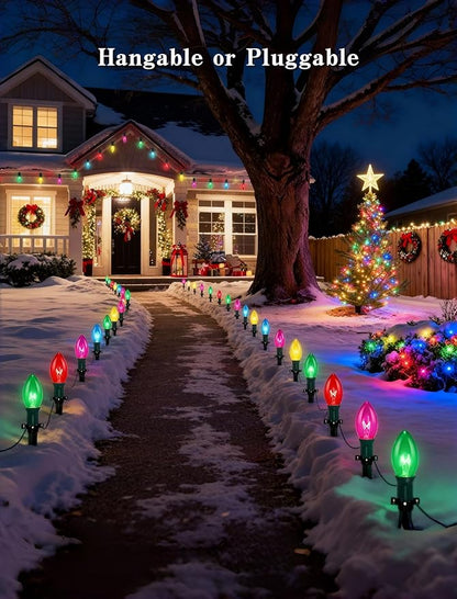 38FT C9 Christmas Stake Lights Outdoor,25 Pack Weatherproof Christmas Pathway Lights with C9 Multicolor Bulbs and Stakes for Garden Lawn Backyard Snowfield Xmas Decorations