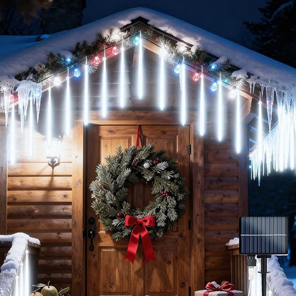 Flacchi Solar Meteor Shower Icicle Lights - 20 Tubes 480 LED Cascading Raindrop Lights, Outdoor Waterproof Christmas Decorations for Holiday Party (Cool White, Solar 20 Tubes)