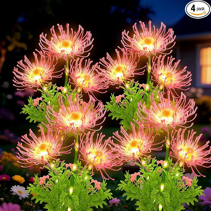 Solar Garden Flower Lights Outdoor, 4 Pack Pink Spider Lily Solar Lights with Glowing Stems, IP65 Waterproof LED Yard Decor for Patio Lawn Pathway, Mother's Day Valentine Gifts for Women Mom Grandma