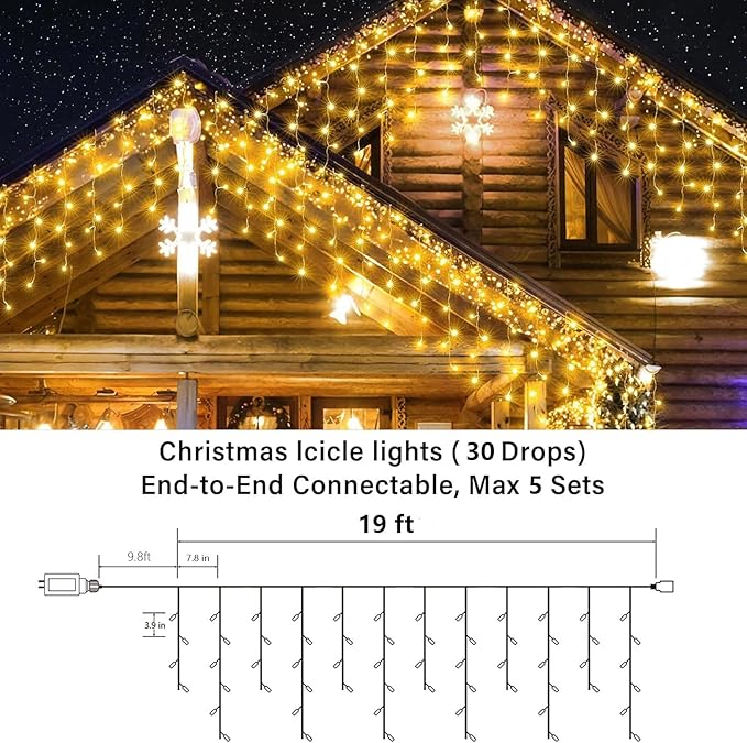 Joomer Christmas Icicle Lights - 19FT Outdoor String Lights Waterproof, 8 Modes Timer Connectable Plug-in String Light for Christmas Party, Eaves, Roofs, Xmas Decorations (Warm White)