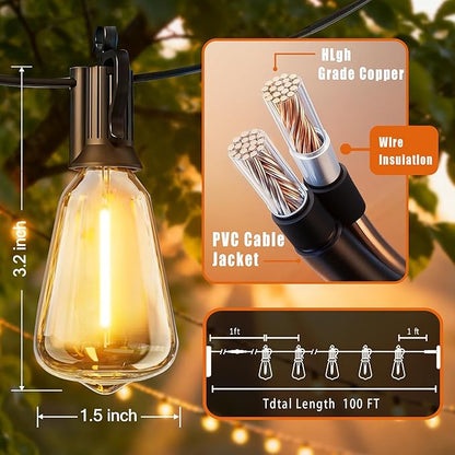 Outdoor Solar Waterproof Light String, 50FT Wire and 25+1 LED shatterproof Bulbs, dimmable Light Cannon with Remote Control, Suitable for Courtyard, Terrace, Balcony, Party Decoration Lighting