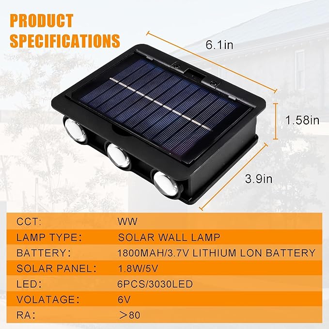2PCS Solar Wall Lights Outdoor, Adjustable PV Panel,6 Bulbs Up and Down Lamp Bright Wall Light for Patio Cafe BarExterior Wall Garage Garden Yard