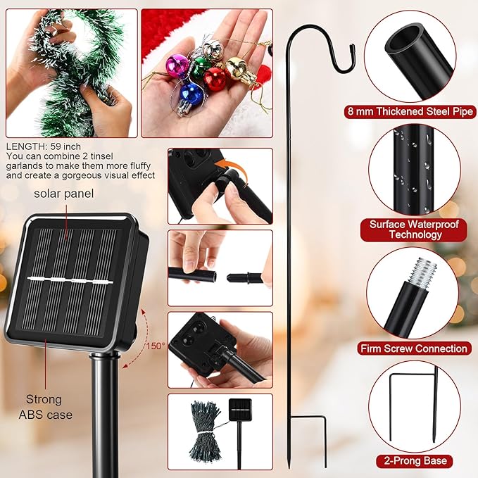 Hortsun 6 Pack Solar Pathway Lights Outdoor with Shepherd Hooks Tinsel Garlands LED String and Balls Waterproof Solar Stake Lights for Summer Yard Pathway Landscape Path Walkway Lighting