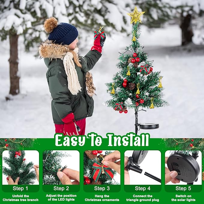 OurWarm 2Pcs Solar Christmas Tree Lights Outdoor Decorations, 20 LEDs Path Lights 8-Mode Flickering, Small Mini Solar Christmas Tree for Outside Yard Pathway Garden Grave Cemetery Xmas Decor