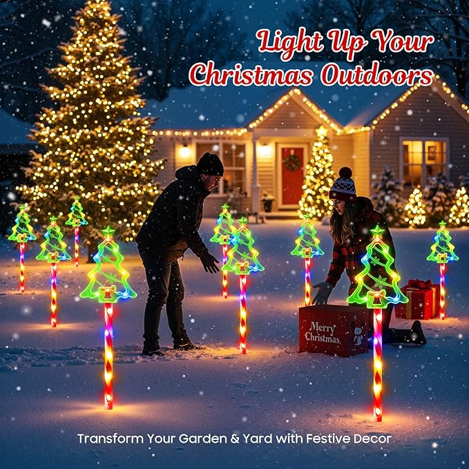 WdtPro Solar Christmas Pathway Lights Outdoor Decorations, 10 Pack Xmas Tree Candy Lights for Yard Walkway Lawn Porch, 10 Modes Led Waterproof Garden Patio Stake Lights Holiday Decor