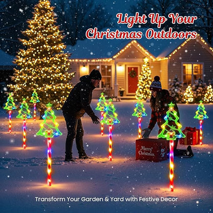 WdtPro Solar Christmas Pathway Lights Outdoor Decorations, 10 Pack Xmas Tree Candy Lights for Yard Walkway Lawn Porch, 10 Modes Led Waterproof Garden Patio Stake Lights Holiday Decor