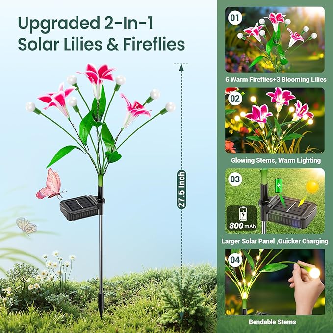 WdtPro Upgraded Solar Garden Lights Outdoor: 4 Pack 2-in-1 Solar Firefly Swaying Light with Lily Flower and Glowing | Lumora