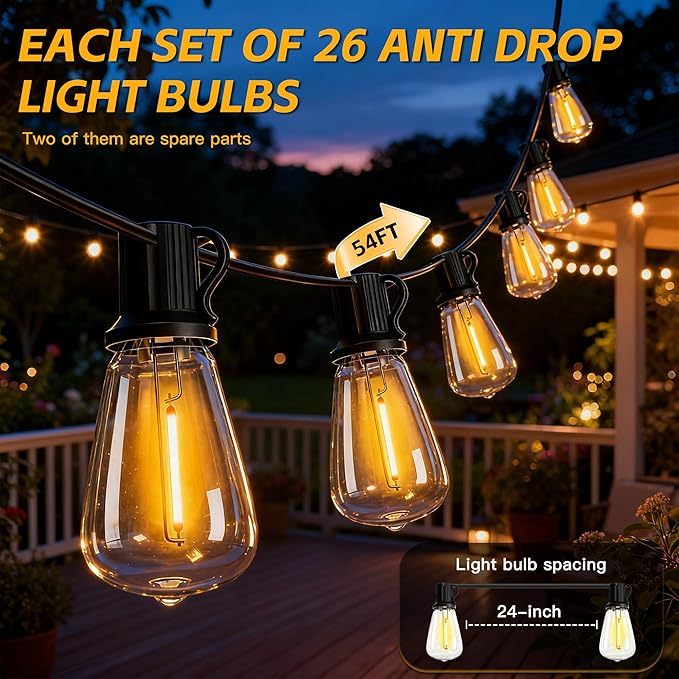 54(48+6) FT Solar String Lights Outdoor IP65Waterproof, Garden LightUSB & Solar Charging,With Remote And 24+2 LED Shatterproof Bulb 8 Light Modes,Dimmable solar lights,Decoration For Camping Backyard