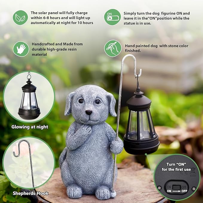 Qeeman Solar Dog for Garden Decor: Weatherproof Resin Statues with Lantern for Outdoor Outside Yard Pathway Patio Porch Balcony Decorations - Gifts for Mom Grandma Dog Lovers