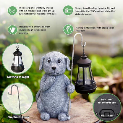 Qeeman Solar Dog for Garden Decor: Weatherproof Resin Statues with Lantern for Outdoor Outside Yard Pathway Patio Porch Balcony Decorations - Gifts for Mom Grandma Dog Lovers