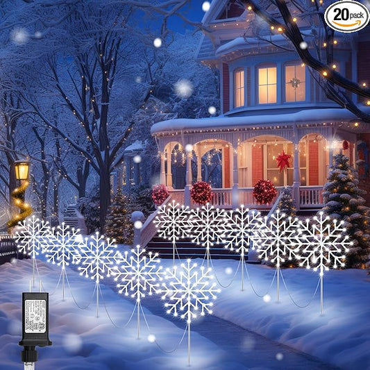 Brightown Large Snowflake Pathway Lights,Total 20-Pack 34" Outdoor Snowflake Christmas Lights Decor for Yard, 8 Modes Sidewalk Marker Stake for Driveway Walkway, IP44 Waterproof, Cool White