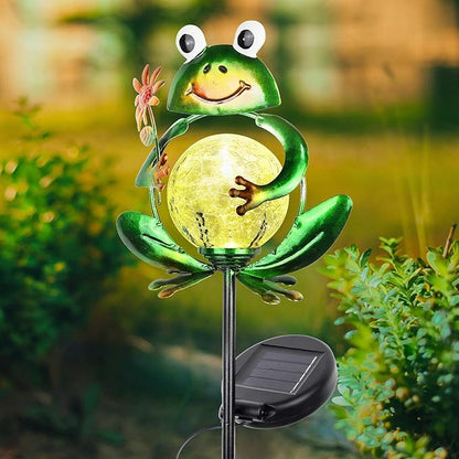 Litake Solar Garden Lights Frog Garden Outdoor Decorations Solar Lights Waterproof Crackle Glass Globe Metal Garden Stake Lights Warm White for Patio, Path, Yard, Lawn