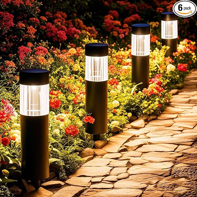Solar Pathway Lights Outdoor Waterproof, 6 Pack Stainless Steel LED Stake Lights 35 Lumens 3000K, IP65 Auto On/Off Solar Yard Lights for Driveway, Walkway, Backyard, Perimeter Landscape Lighting