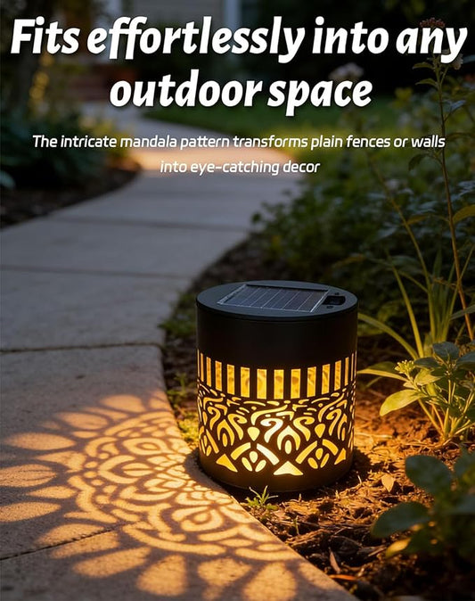 Decorative Solar Mandala Lights Outdoor, 3.34in Metal Solar Powered Outdoor Deck Step Wall Lights with Soft Warm Glow, Mandala Theme Fence Light for Garden Patio Backyard Decor(1Pcs)