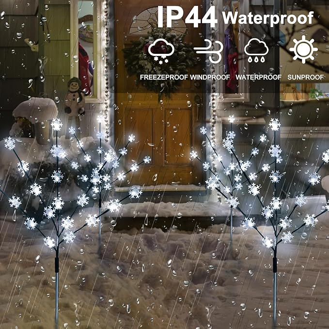 Solar Christmas Pathway Lights for Outside, 4 Pack Artificial Tree Snowflake Stake Lights, Waterproof Christmas Decorations for Yard Garden Patio Party Winter Decor (Multi-Colored)