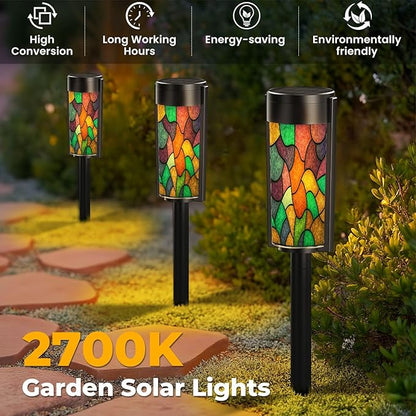 4 Pack Solar Pathway Lights Outdoor Waterproof Sketch Colorful Stained Glass Window Abstract Stained Glass Art Solar Garden Lights LED Landscape Lighting for Yard Walkway Lawn Garden Decor