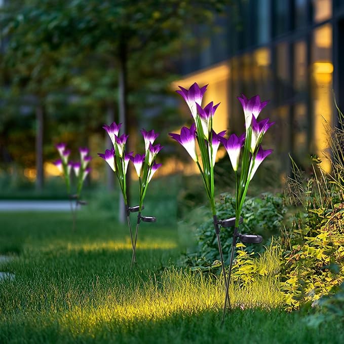Outdoor Solar Lights, 2 Pack Solar Garden Lights with Lily Flowers, Waterproof Garden Light Outdoor - Yard Decorations for Patio Yard Decoration (Purple)