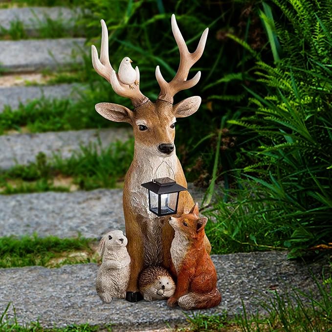 Creative Deer Rabbit Hedgehog Wolf Modeling Sculpture Lights, Small Animal Solar Resin Sculpture Lamp, Outdoor Solar Statue Lamps, Waterproof Energy Saving for Garden Lawn Yard Decoration (Brown)