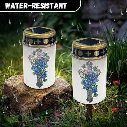 Cross Blue Rose Solar Garden Lights Solar Decorative Lights, Waterproof Solar Outdoor Lights,Solar Stake Lights for Cemetery Grave Garden Patio Yard Lawn Decoration