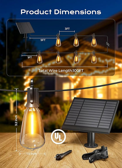 Brightown 100FT Solar String Lights Outdoor Waterproof, Patio Lights with Remote and 31+2 LED Shatterproof Bulbs, Dimmable & Timable, 3 Light Modes, Solar Lights Outdoor for Yard Camping Party Outside