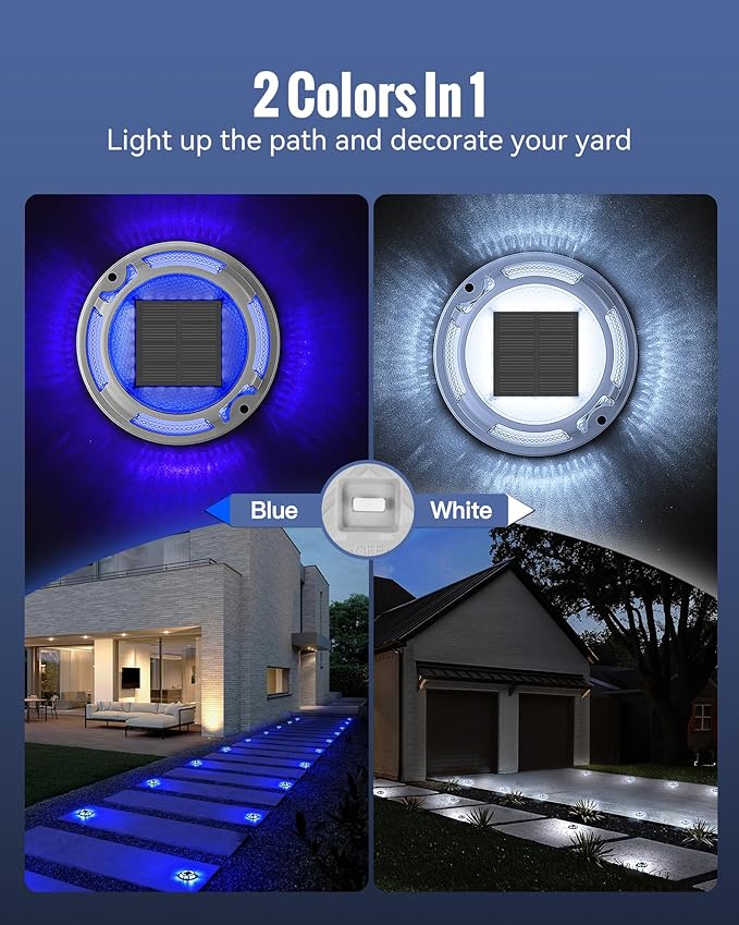 Solar Driveway Lights Dock Lights Waterproof 12 Pack, 2 Colors in 1 Outdoor LED Solar Deck Lights, Solar Powered Walk Way Light Road Marker for Warning Stair Pathway Patio(Blue & White)