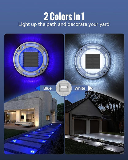 Solar Driveway Lights Dock Lights Waterproof 12 Pack, 2 Colors in 1 Outdoor LED Solar Deck Lights, Solar Powered Walk Way Light Road Marker for Warning Stair Pathway Patio(Blue & White)