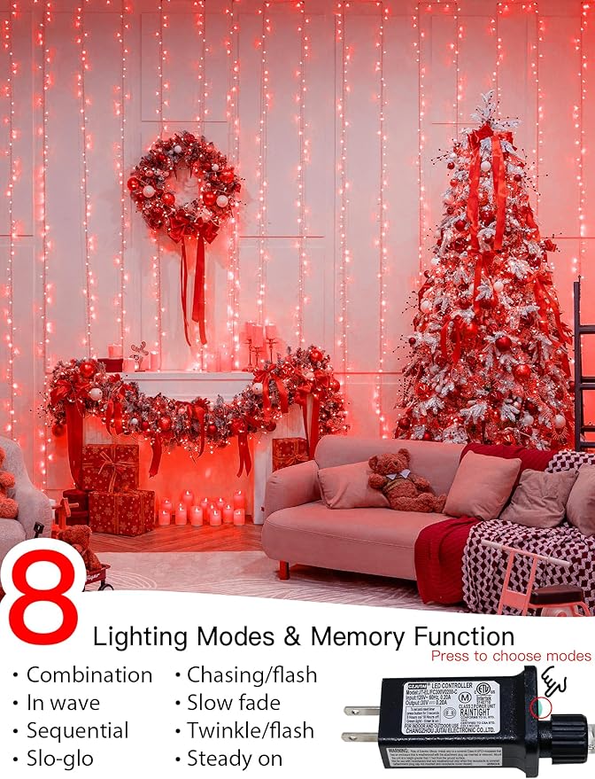 33FT 100 LED Red Valentine Lights, Connectable Red Christmas String Light Waterproof,8 Modes Clear Wire Twinkle Lights Outdoor Plug in for Valentine's Day, Wedding, Party, Christmas Decoration